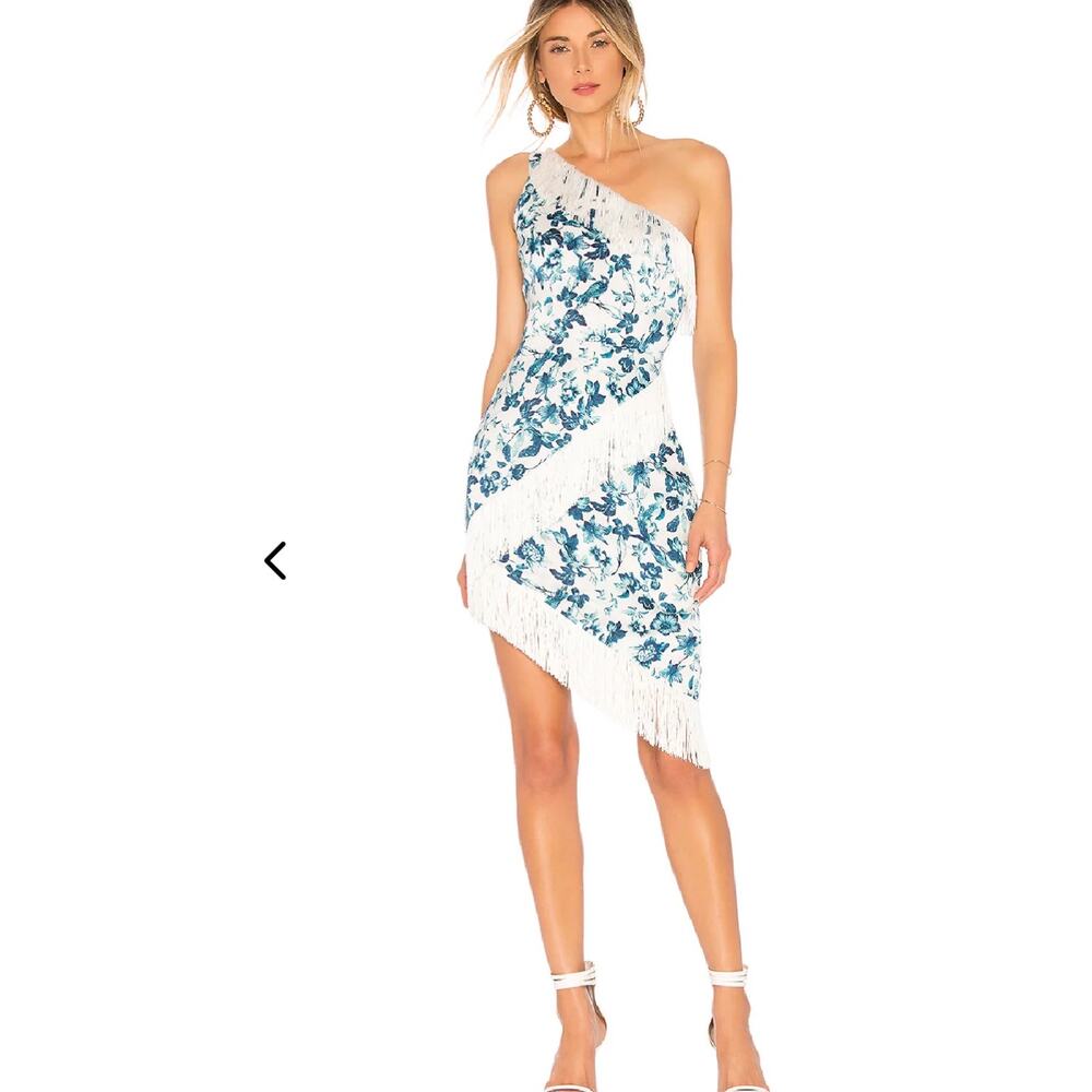 MAJORELLE Serena Floral Fringe one shoulder Riviera white & blue Midi Dress M